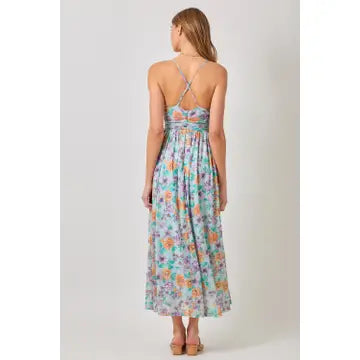 THE ELLA CRISS CROSS BACK PLEATING DRESS - blue floral