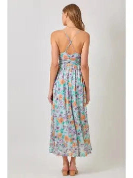 THE ELLA CRISS CROSS BACK PLEATING DRESS - blue floral