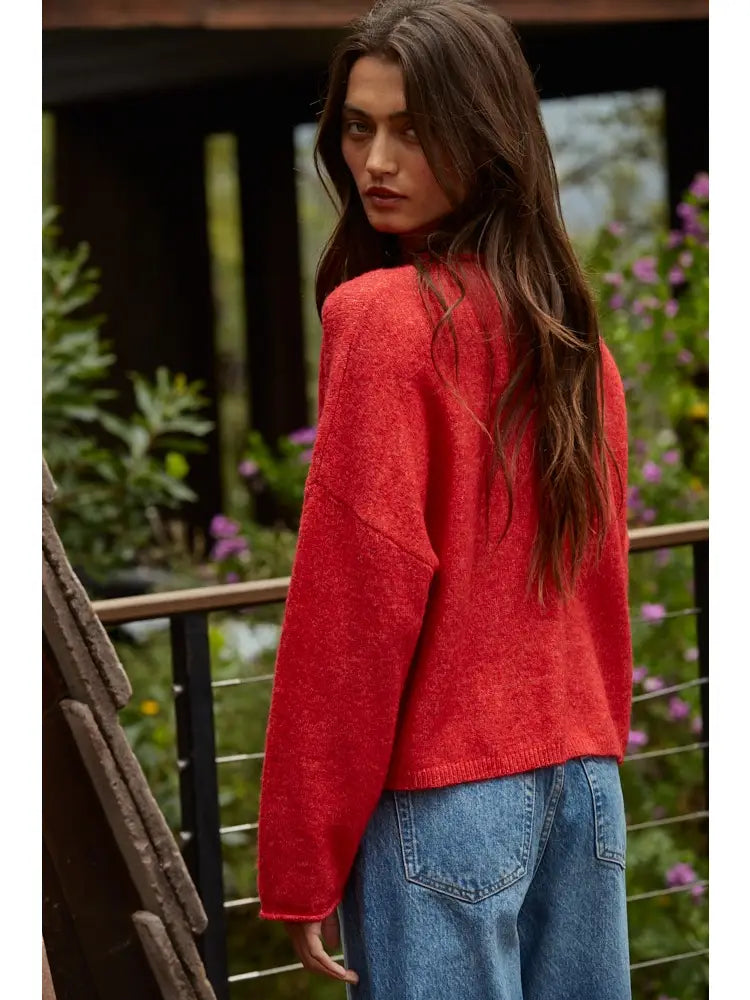 THE STACEY ROLLED SLEEVE BASIC CHRISTMAS SWEATER - red