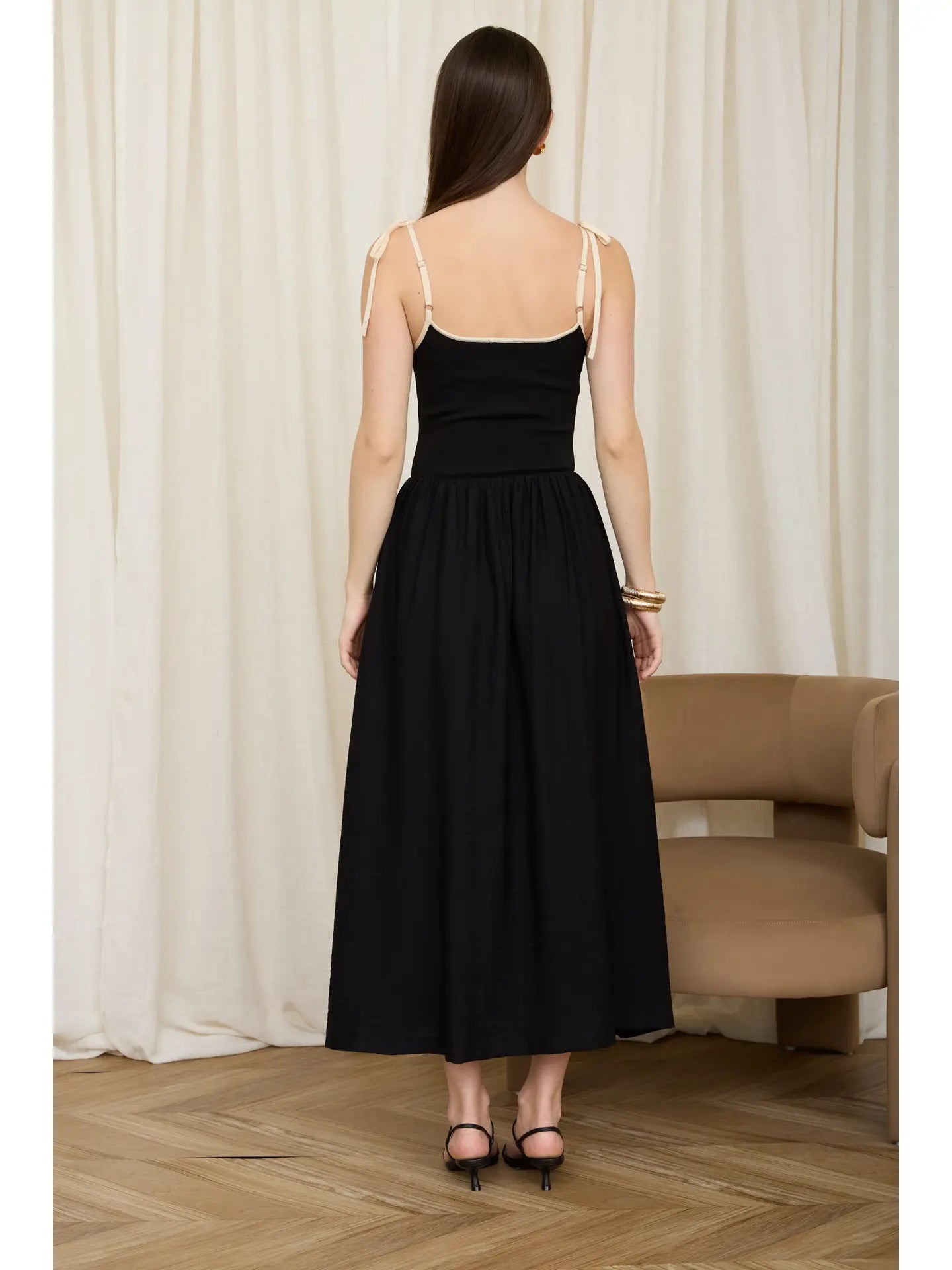 THE EVIE CONTRAST TIE MIX MEDIA DRESS - black