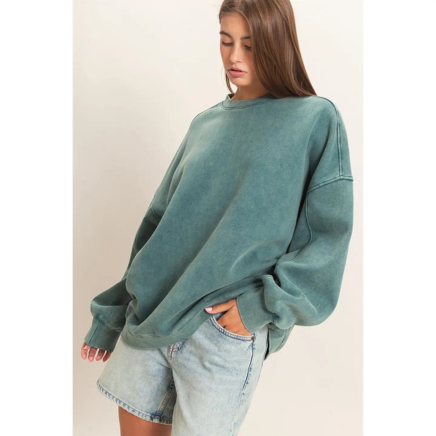 THE KARA ACID WASH CREWNECK SWEATSHIRT - dk teal