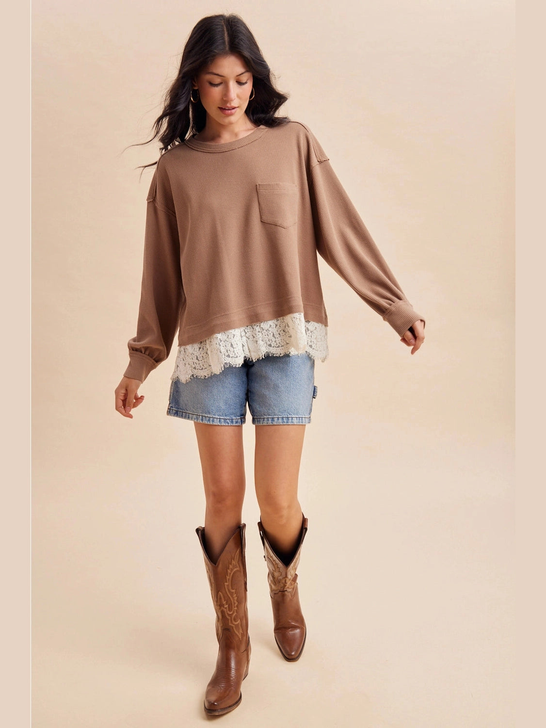 THE ELLA LACE TRIM THERMAL WAFFLE TOP - dark taupe