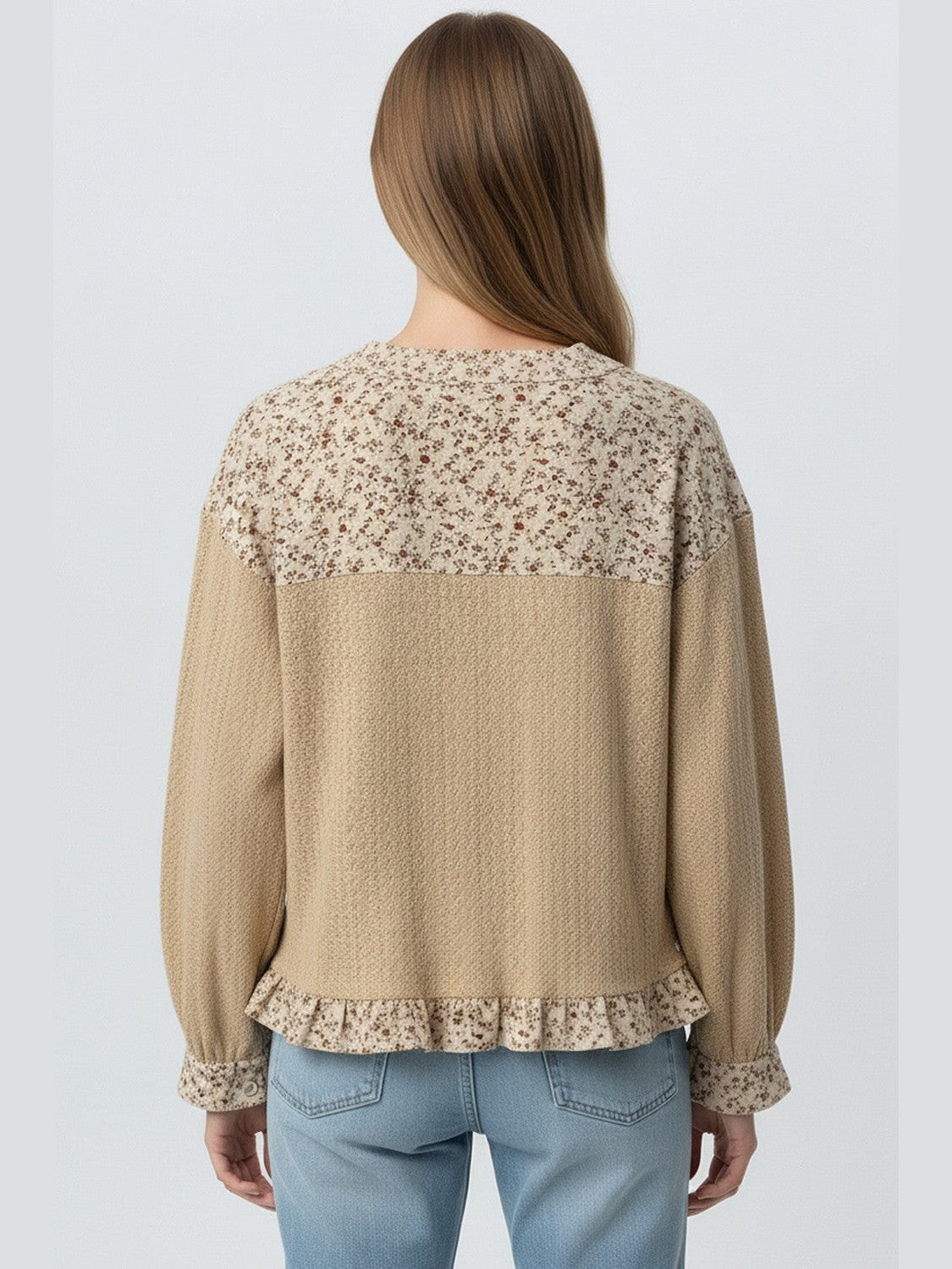 THE NYLA FLORAL WAFFLE KNIT TOP - taupe
