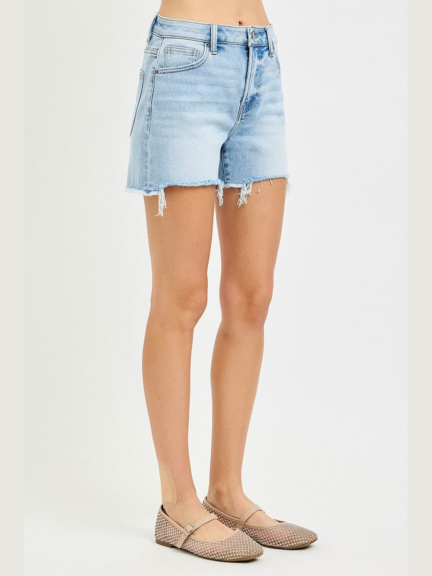 THE NATALIE HI RISE MID LENGTH FRAYED DENIM SHORTS