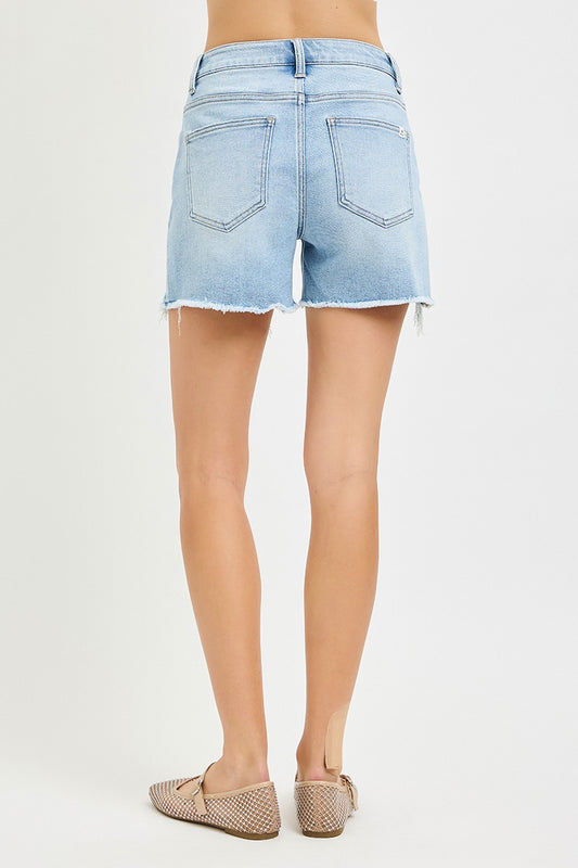 THE NATALIE HI RISE MID LENGTH FRAYED DENIM SHORTS
