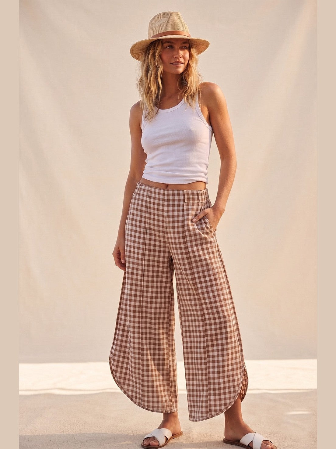 THE CALLAN GINGHAM RELAX POLY TULIP HEM PANT - mocha