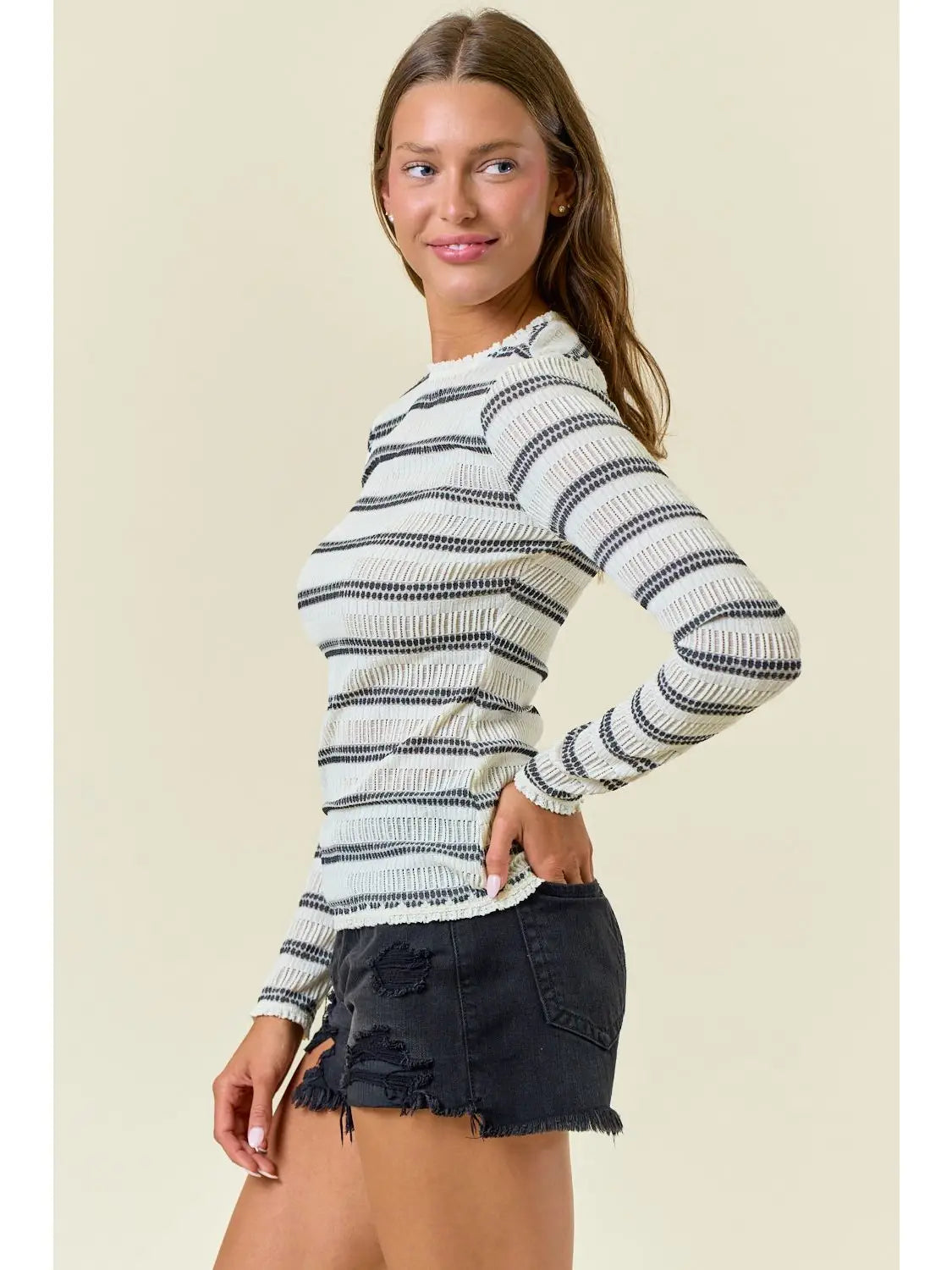 THE RACHEL MESH RUFFLE TOP - striped