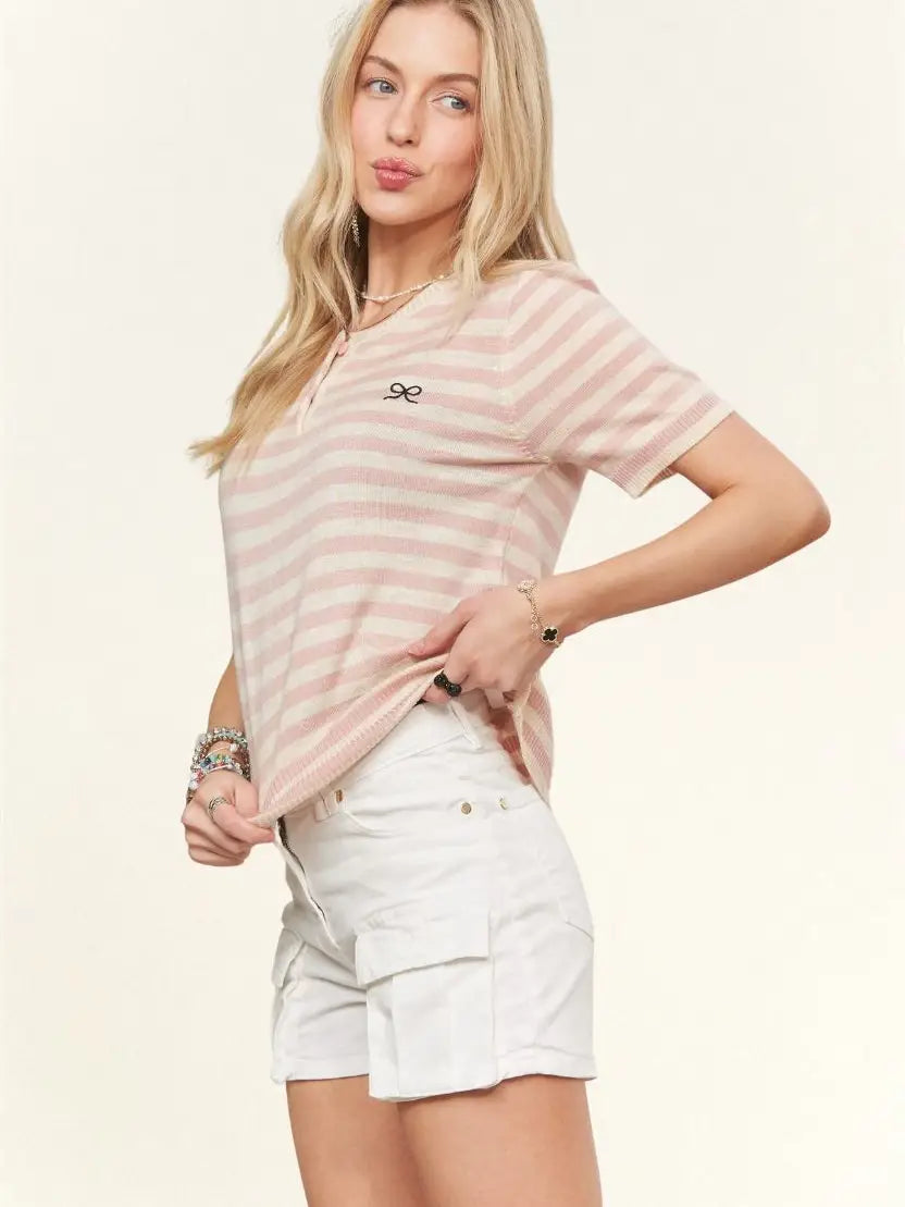 THE LEBBY STRIPED KNIT LT WEIGHT TOP - pink