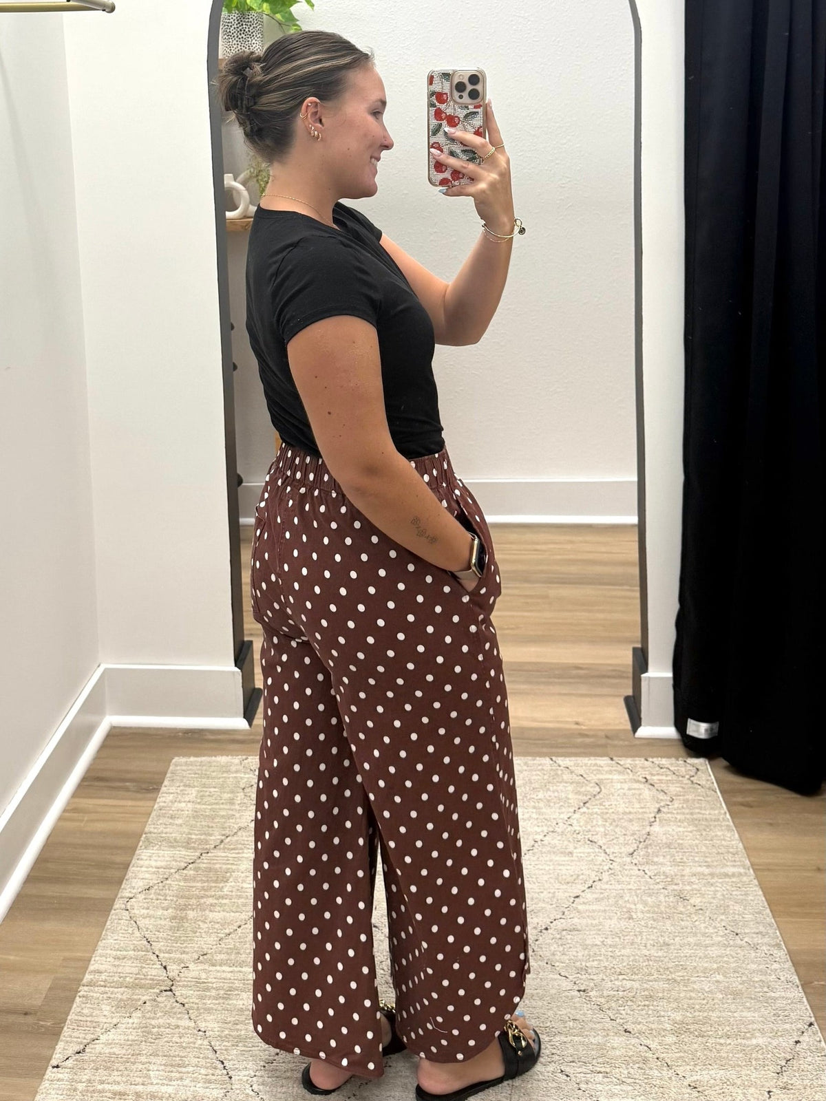 THE HALEY POLKA DOT TULIP HEM COTTON PANTS - brown