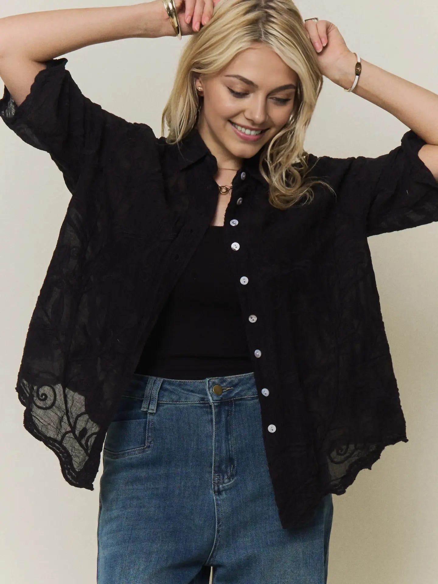 THE ADORA BOHO EMBROIDERED BUTTON DOWN - black