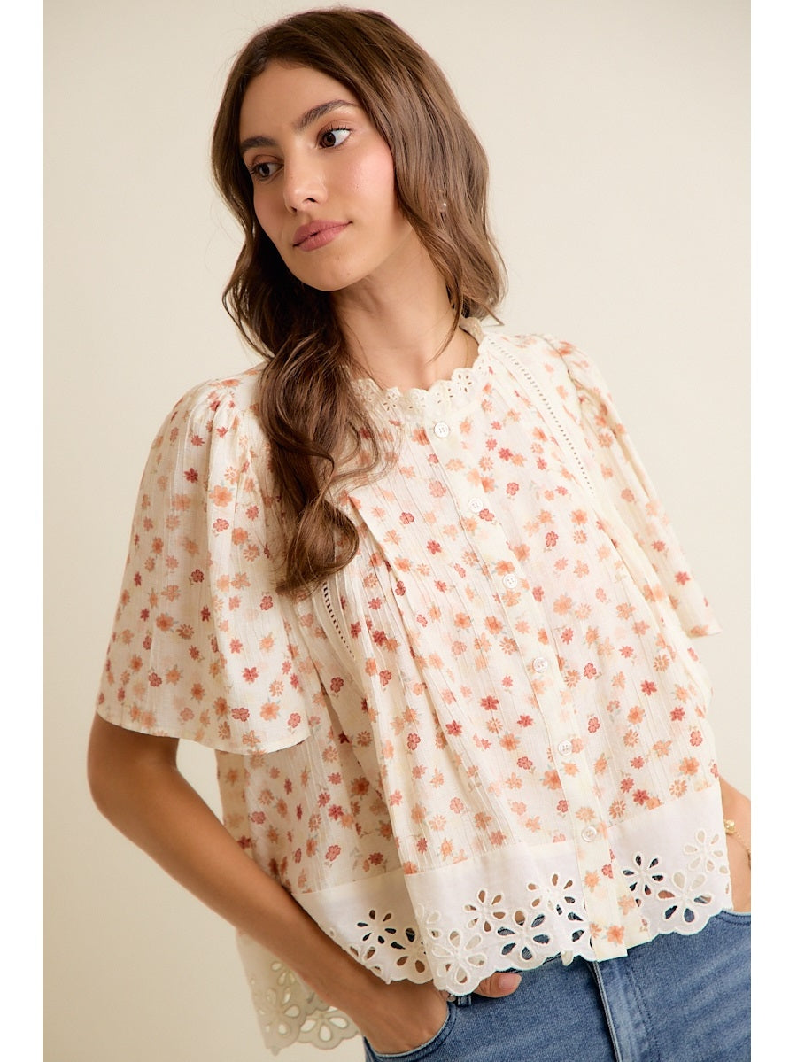 THE SARAH FLORAL LACE TRIM BLOUSE - cream