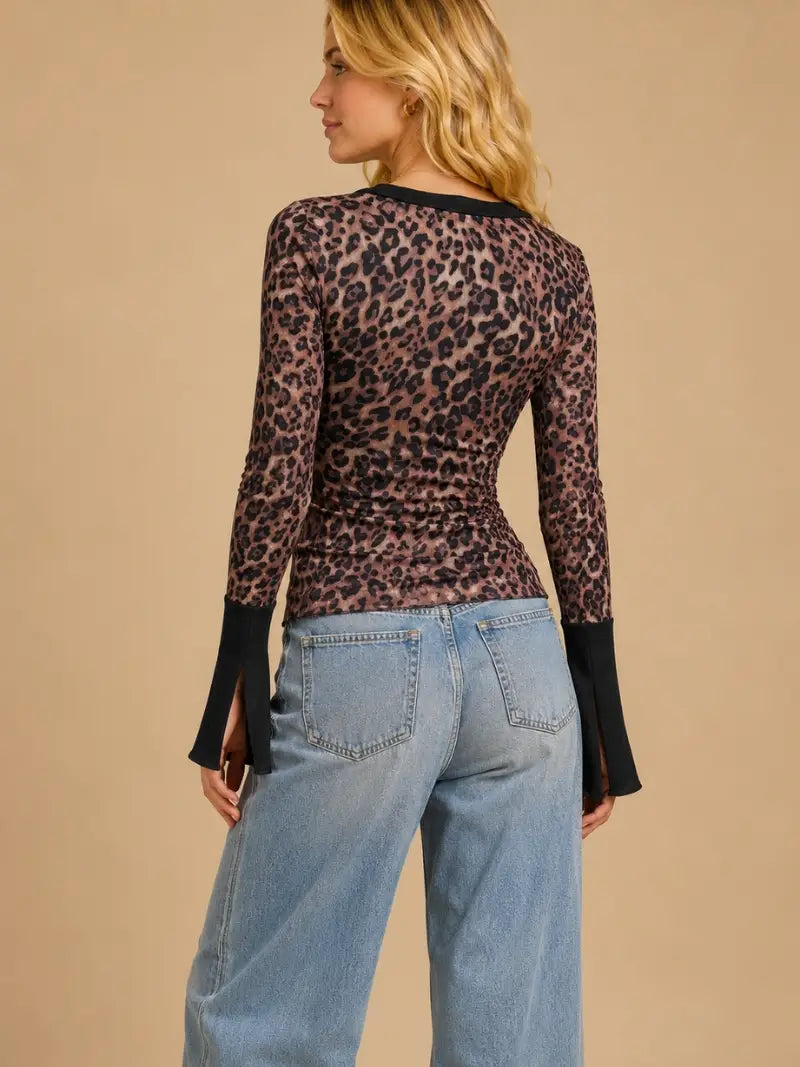 THE LILA ANIMAL PRINT MESH HENLEY TOP