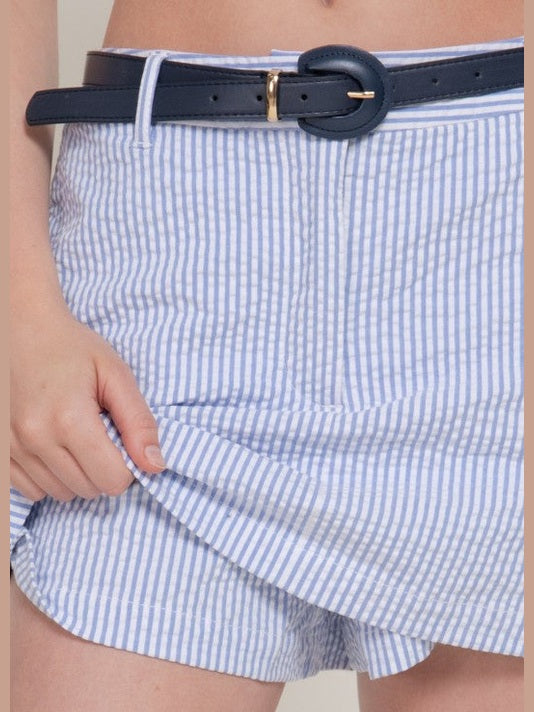 THE LINDA BELTED STRIPED WOVEN SKORT - Lt blue