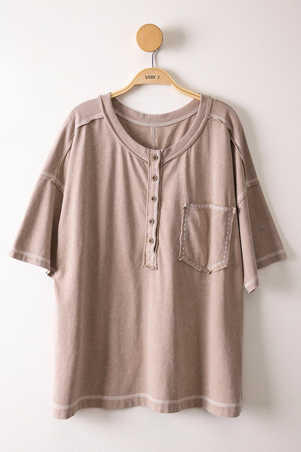 THE ELLE MINERAL WASH HENLEY TOP - taupe