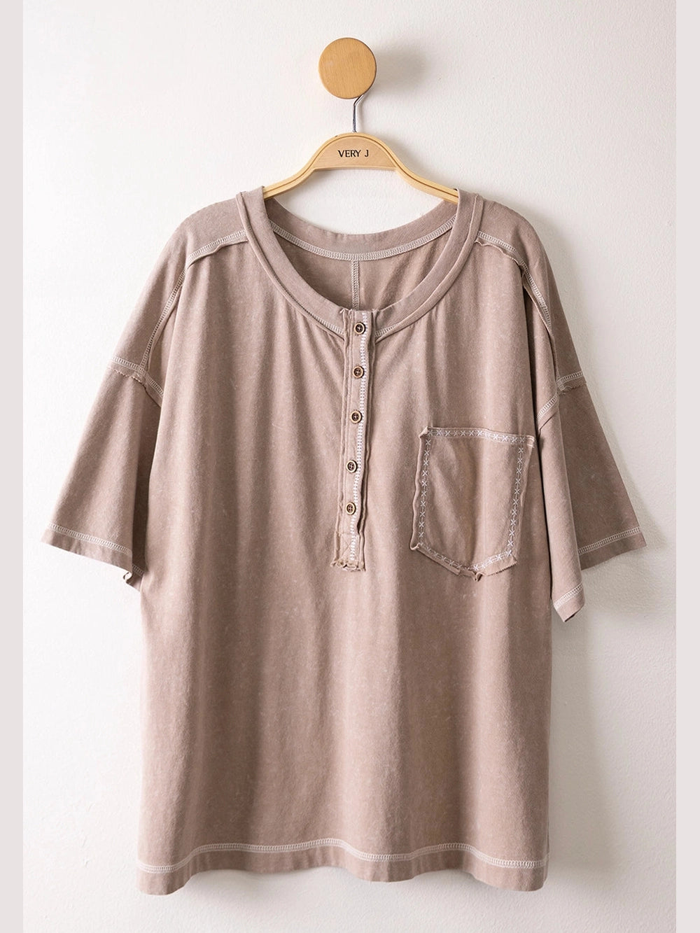 THE ELLE MINERAL WASH HENLEY TOP - taupe