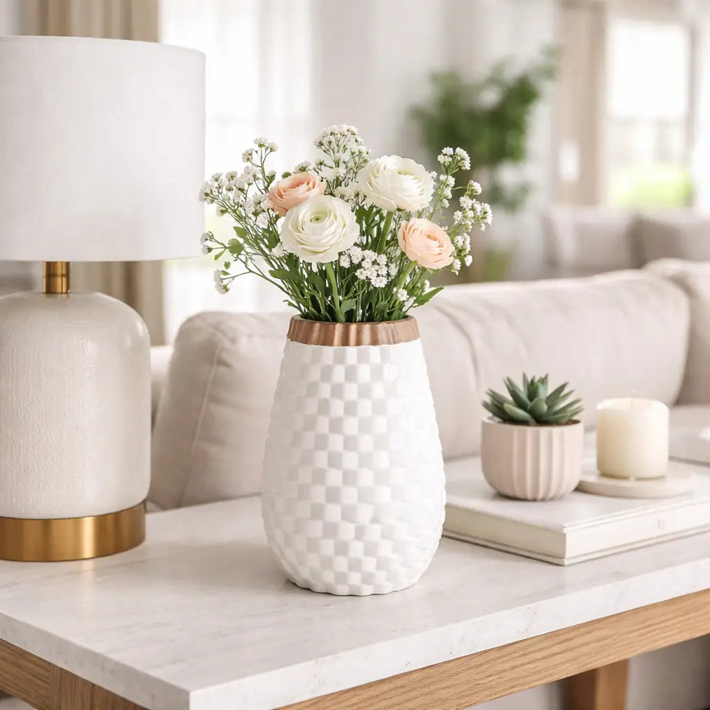 CERAMIC WHITE DIAMOND TEXTURED VASE