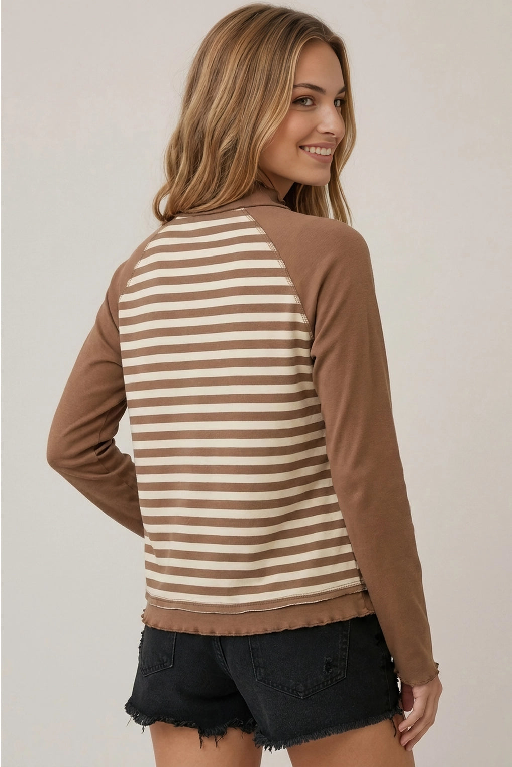 THE SAM STRIPE & RIB MIX MOCK NECK TOP - cocoa