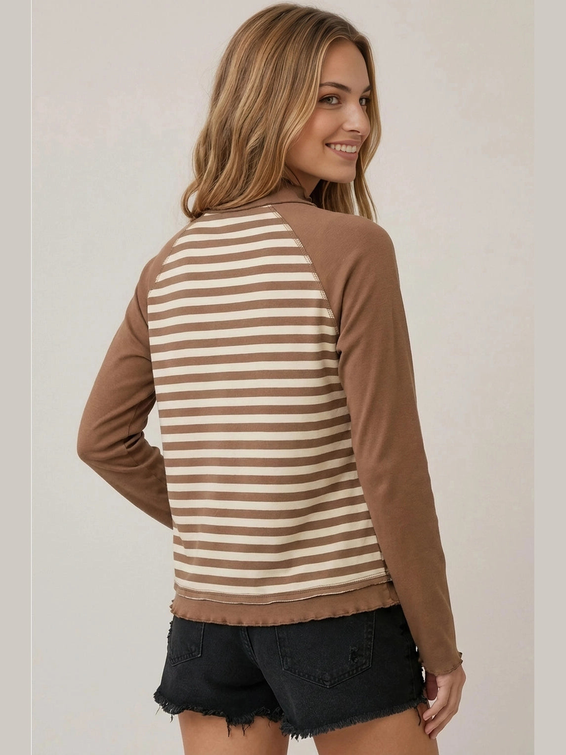 THE SAM STRIPE & RIB MIX MOCK NECK TOP - cocoa