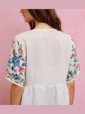 THE PRESLEY BOHO FLORAL EMBROIDERED TOP - pink/blue