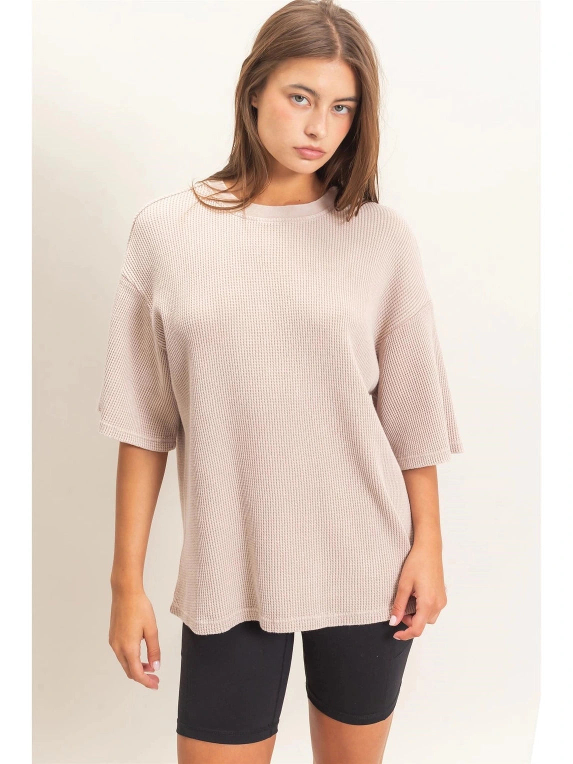 THE LINDSEY MINERAL WASH WAFFLE CREW TOP - lt taupe