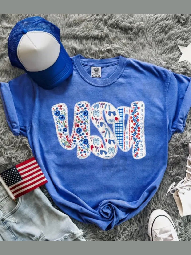 PREORDER THE USA BOW & FLORAL TEES - blue