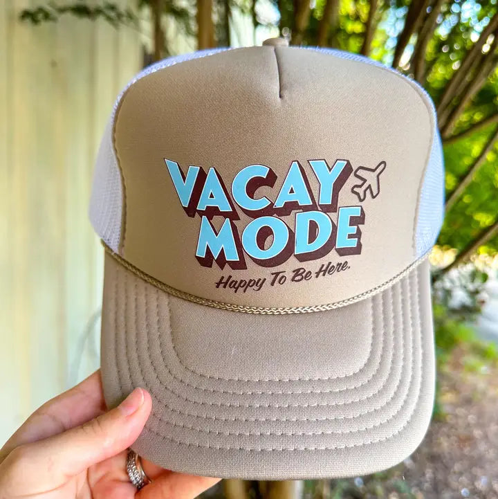 VACAY MODE TAN/WHITE TRUCKER HAT