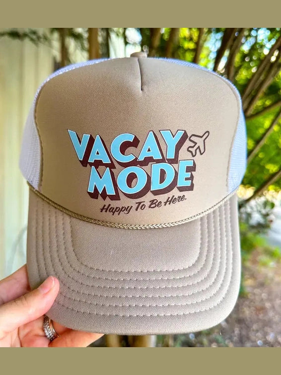 VACAY MODE TAN/WHITE TRUCKER HAT