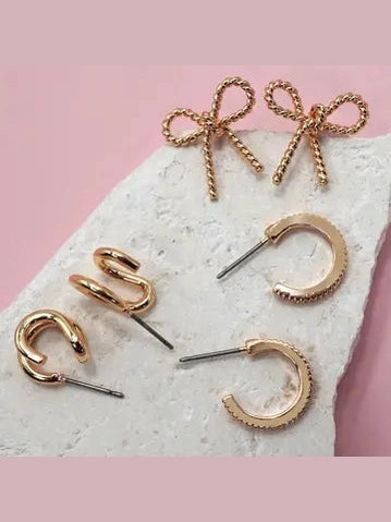 TRIO HUGGIE BOW HOOP TITANIUM POST EARRINGS - gold