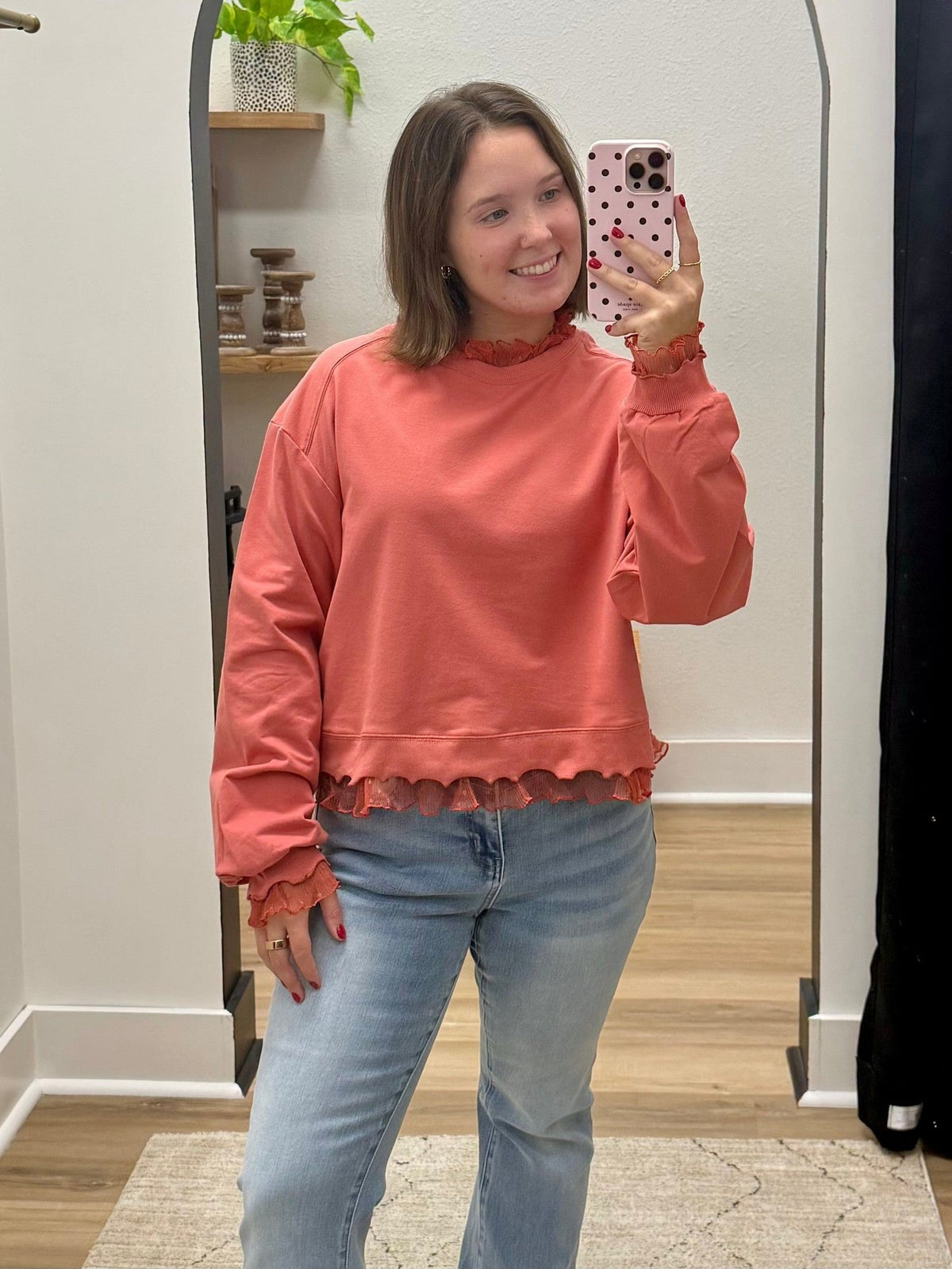 THE LYNN LACE TRIM LAYERED SWEATSHIRT- terracotta