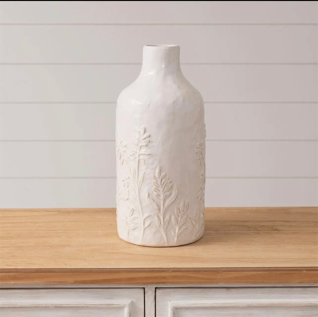 TALL WHITE STONE FLORAL EMBELLISHED VASE