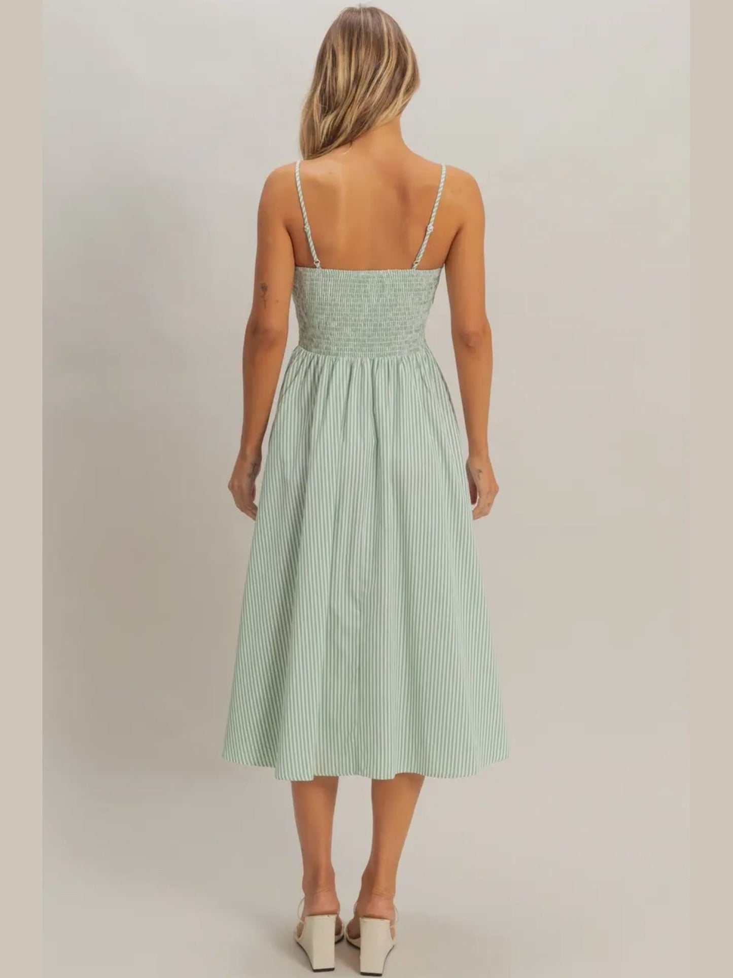 THE LILLY STRIPED SPAGHETTI STRAP SUNDRESS - green