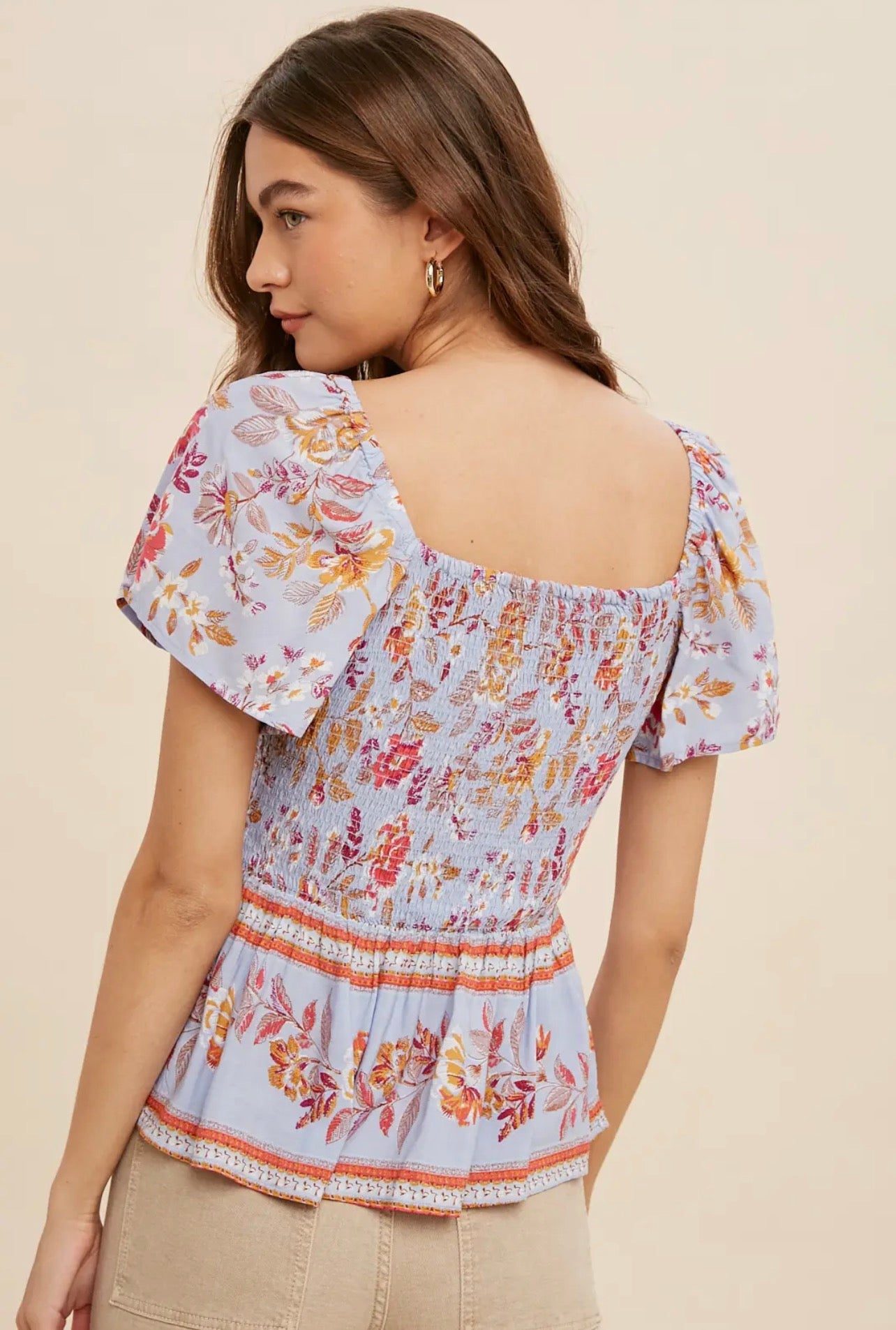 THE ADDI BORDER PRINT SMOCKED TOP - blue