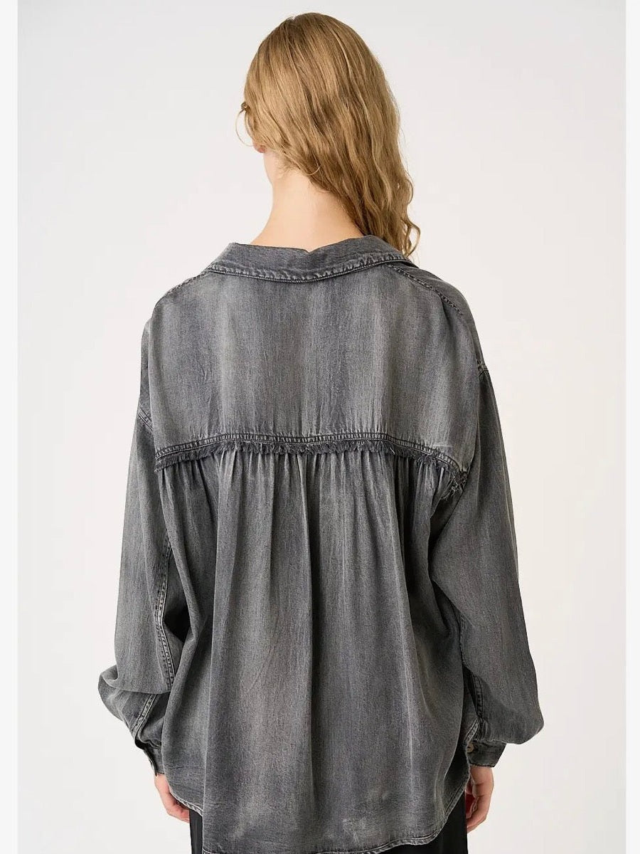 THE LEXIE WASHED CHAMBRAY RAW EDGE FRILL SHIRT - black