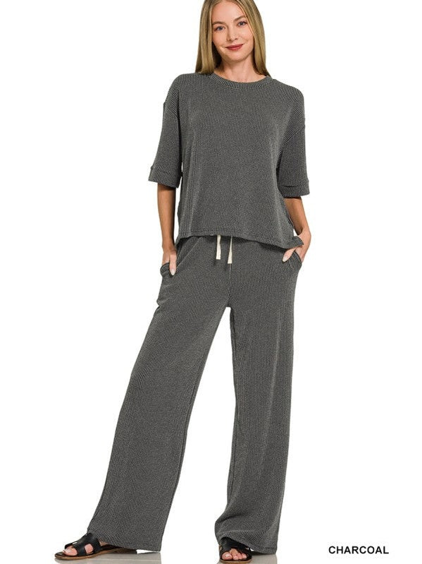 THE SHELLY RAISED RIBBED POLY SET - charcoal