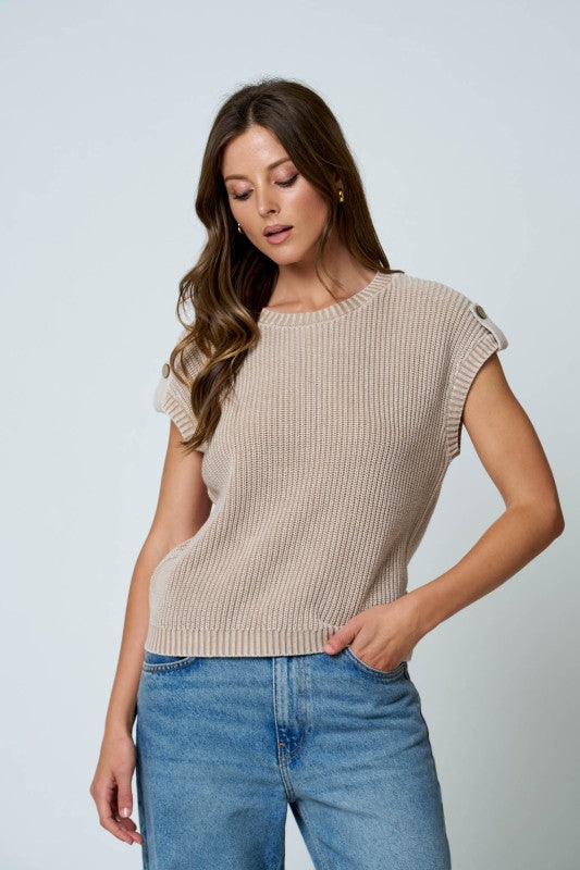 THE NADINE ACID WASH TAB SLEEVE TOP - khaki