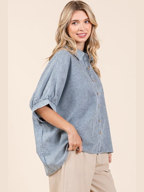 THE JENNY WASHED STRIPED DOLMAN SHIRT - navy