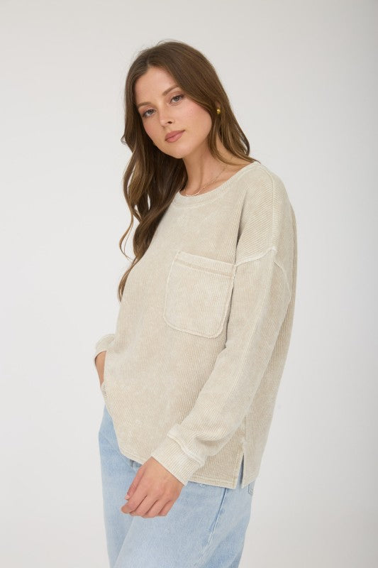 THE CAMILLE ACID WASH KNIT TOP - Lt khaki