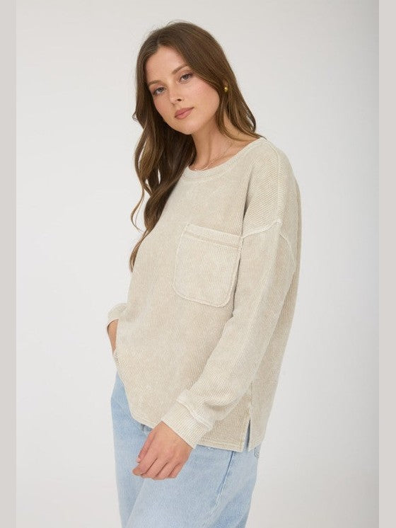 THE CAMILLE ACID WASH KNIT TOP - Lt khaki