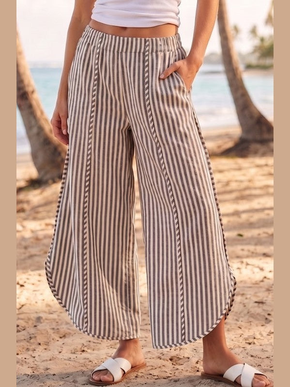 THE HALEY STRIPED TULIP HEM COTTON PANTS - mocha