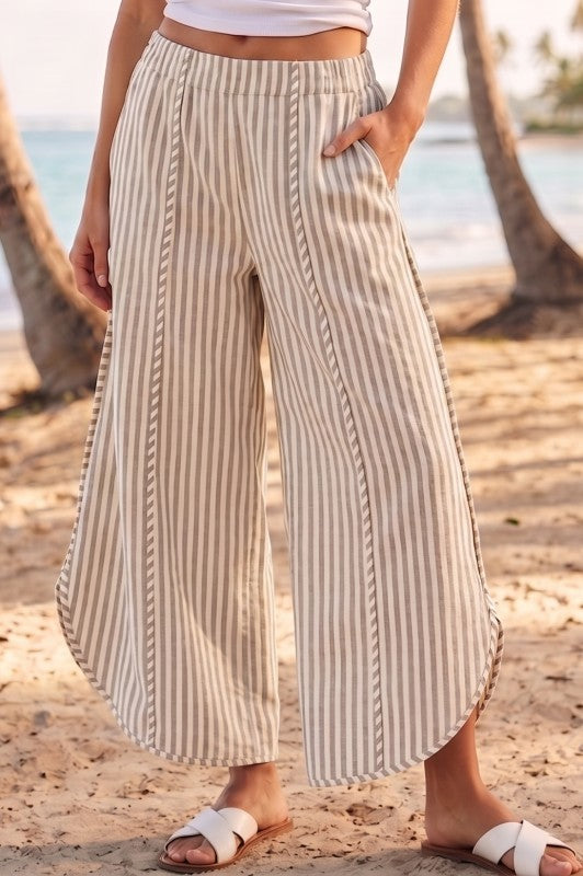 THE HALEY STRIPED TULIP HEM COTTON PANTS - tan
