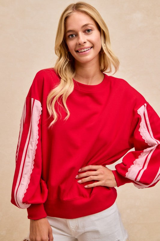 THE LOLA LACE TRIMMED RED OVERSIZED SWEATSHIRT