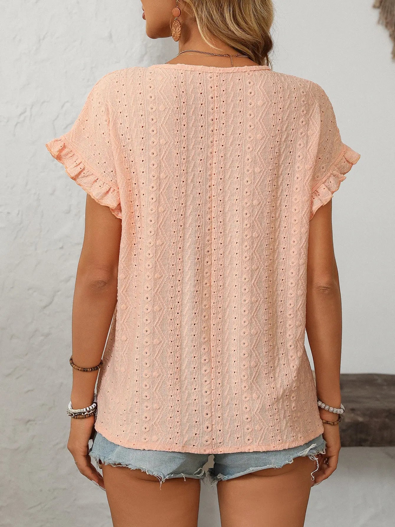 THE NANCY EYELET FLUTTER SLEEVE TOP - peach