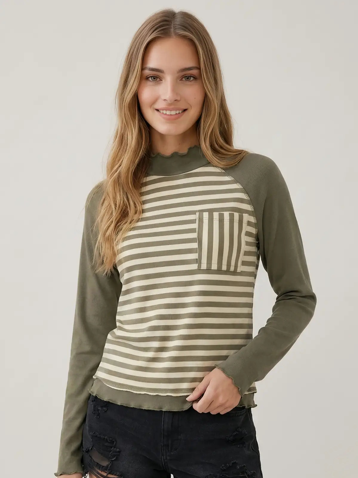THE SAM STRIPE & RIB MIX MOCK NECK TOP - faded olive