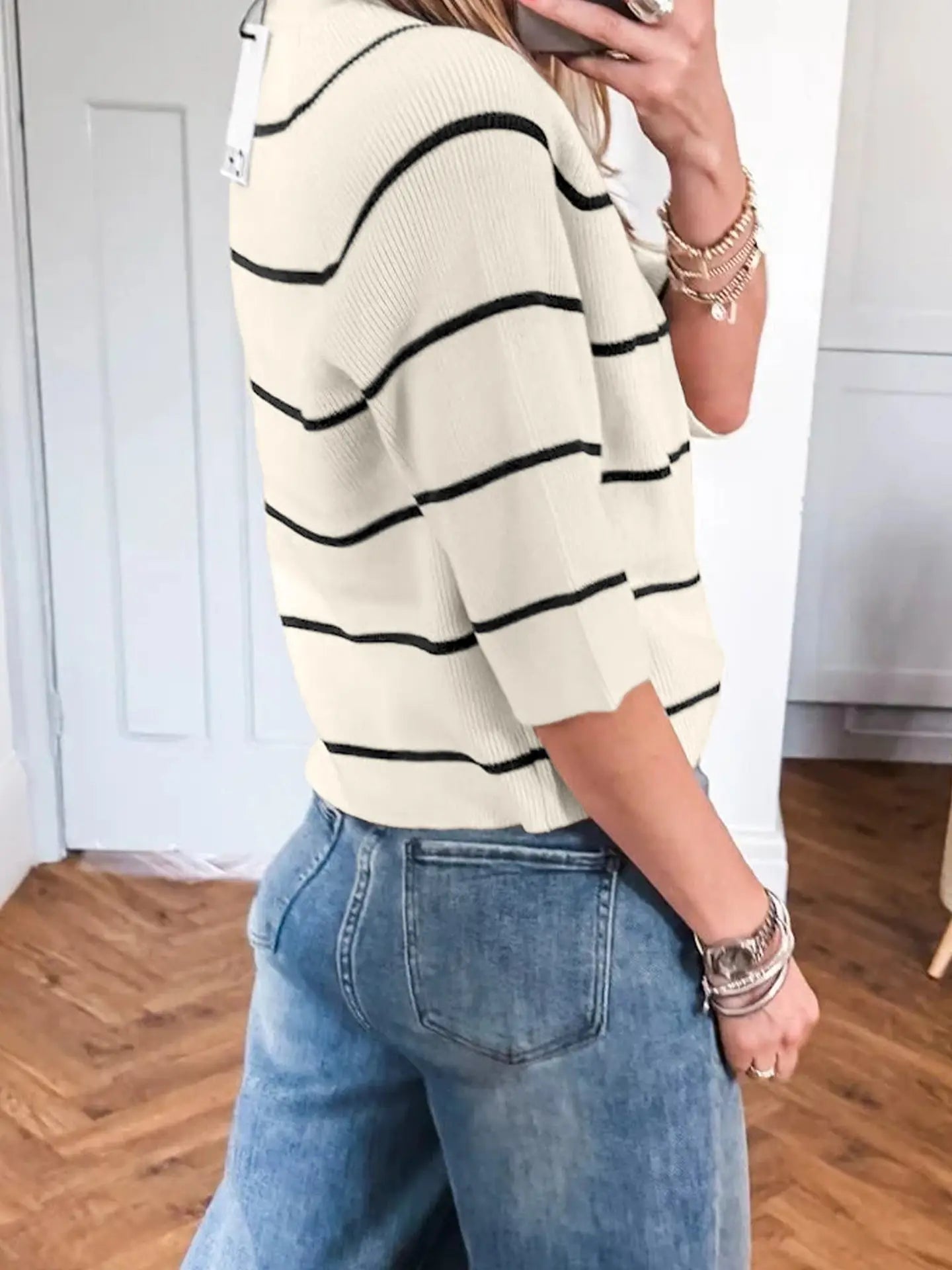 THE MARLEE 3/4 SLEEVE STRIPED SWEATER - black/ivory