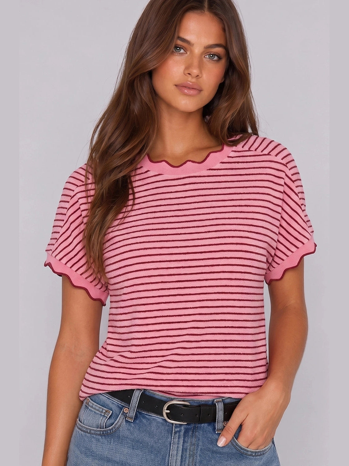THE BRENDA SCALLOP TRIM STRIPE KNIT TOP - pink