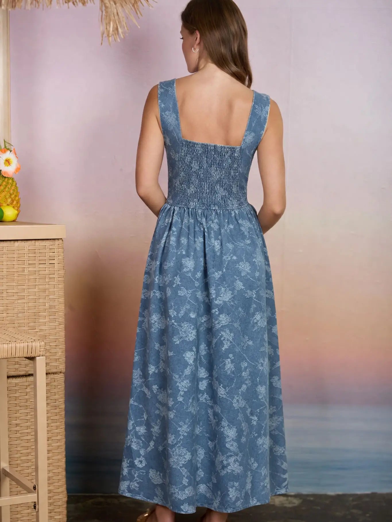 THE AYLA FLORAL JACQUARD CORSET DENIM DRESS
