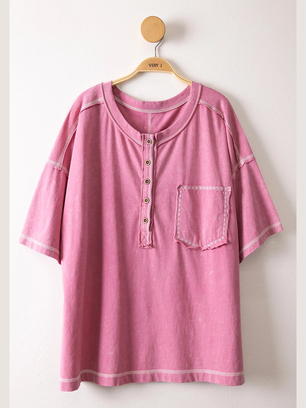 THE ELLE MINERAL WASH HENLEY TOP - mauve