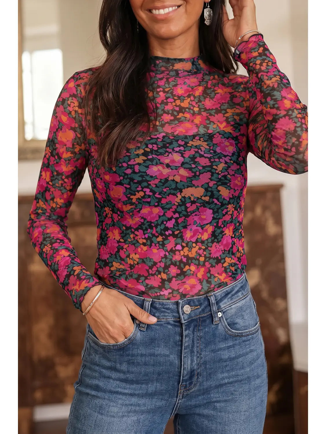 THE ROSE FLORAL MESH LONG SLEEVE TOP