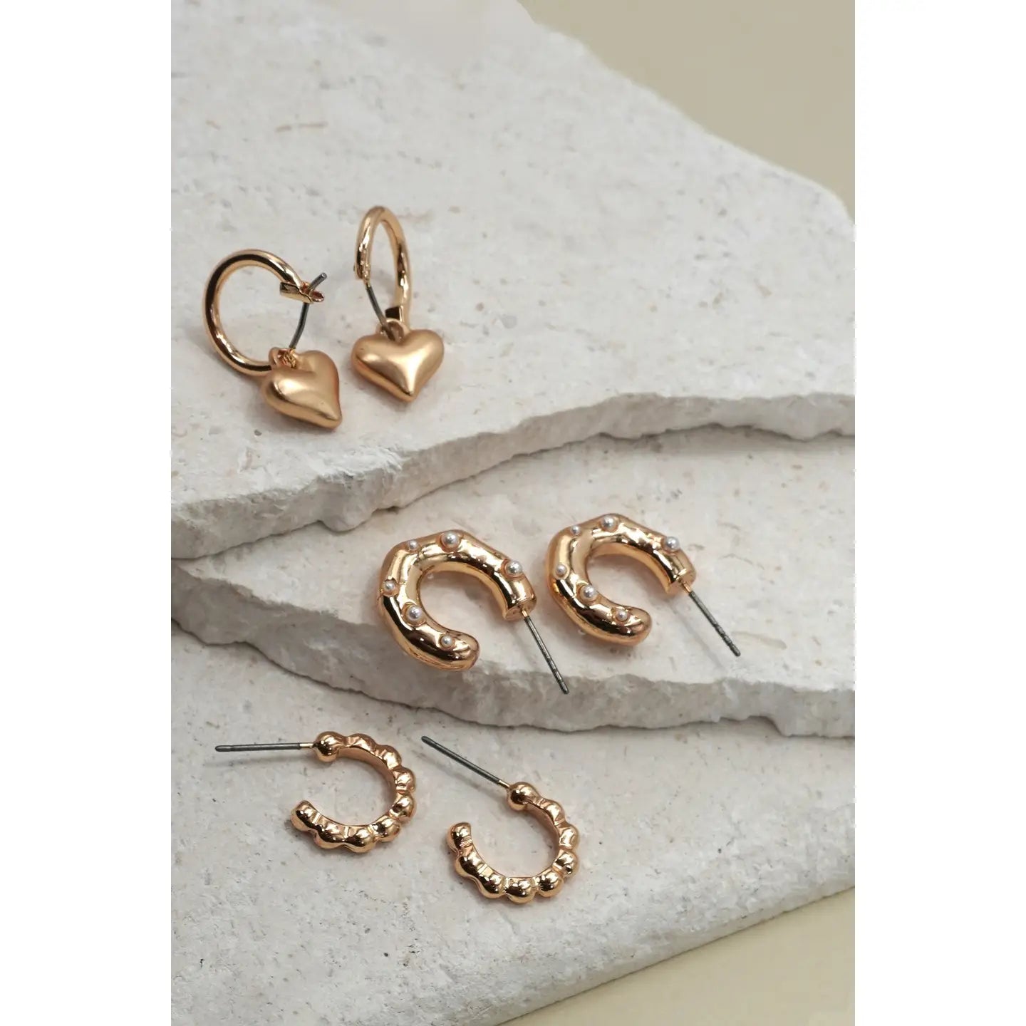 HEART DROP PEARL STUDDED HOOP TRIO EARRINGS - gold