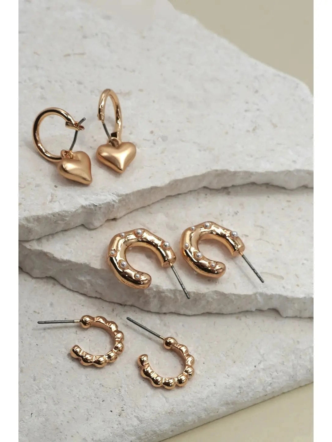 HEART DROP PEARL STUDDED HOOP TRIO EARRINGS - gold